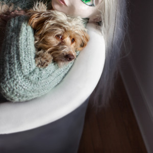 Blonde/Aqua Sweater/Dog